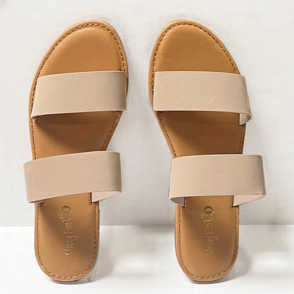 New Womens Beige Dual Band Slip On Slides Flat Sandals